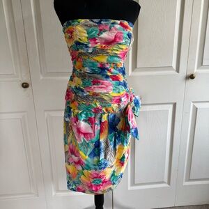 Vintage Albert Nipon Boutique Floral Watercolor Dress Sz 12 Strapless Drape Bow